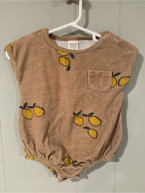 Grayson Mini Tan Terry Baby Romper with Yellow Lemon Print 6-9m